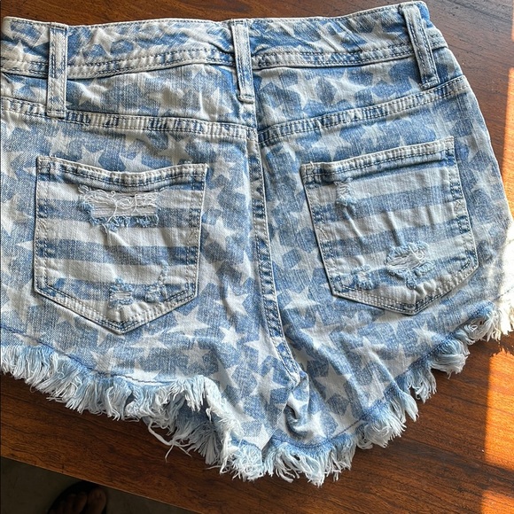 Blue Distressed Jean Shorts with Frayed Hem - Picture 3 of 5